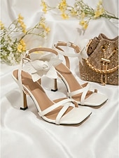 cheap Bride-Women's White Bridal Sandals - Elegant Square Toe High Heels with Large Floral Ankle Detail for City Weddings, Modern Brides &amp; Formal Receptions