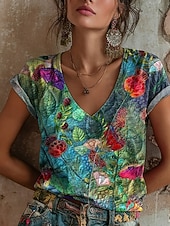  Per donna Maglietta Stampato Floreale Grafico Graffiti Bohemien Vintage Classico Manica Corta Scollo a V Top Regolari Quotidiano Verde Estate Primavera