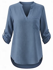 economico Camicie di Lusso-Per donna Camicie di cotone e lino Top estivi Blusa Top Eleganti Arricciato Patchwork Tasca Tinta unica Semplice Elegante Vintage Signore Manica 3/4 Colletto a Camicia Top Regolari Quotidiano Lavoro