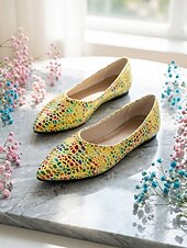 preiswerte Ballerinas für Damen-Gelbe Ballerinas mit Print für Damen – farbenfrohes Punktmuster, spitze Zehenpartie, bequemer Tragekomfort für jeden Tag, ideal für Freizeitaktivitäten, Brunch, Shoppingtouren und Reisen.