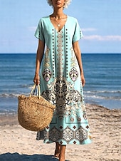 abordables Robes de vacances-Femmes Robe Midi Robe d'Été Robe trapèze Vacances Occasionnel Boho Papillon Plage Coupe régulière Graphique Tribal Manche Courte Col Rond Bleu Bleu Ciel Or noir Noir Été Printemps