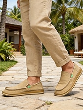 ieftine Bărbați-Espadrile slip-on bej pentru bărbați, cu partea superioară confortabilă și respirabilă, talpă din iută, potrivite pentru activități în aer liber, de resort, plajă și agrement
