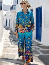 billige Blusedresser for kvinner-Dame Todelt sett Buksesett Bolero topp Langermet Skjortekrage Blomstret Grafisk Anlegg Trykt mønster Daglig Stilfull Avslappet Daglig Strand Blå Gul Rød Sommer Normal
