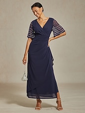 halpa Yksinkertainen mekko-Naisten Maksimekko Kotelomekko Tyylikäs Yhtenäinen väri Lyhythihainen V kaula-aukko Laivaston sininen