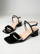 preiswerte Absatzsandalen-Elegante Damen-Sandalen mit Blockabsatz und Knöchelriemen aus burgunderrotem Lackleder – elegante Schuhe mit eckiger Spitze für Abende im Resort und Dinnerpartys.