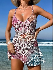 رخيصةأون مايوهات تانكيني-نسائي ملابس السباحة قطعة واحدة مايوه تنورة ملابس السباحة أنيق العطلة الرسم هندسي V رقبة بدون كم بدلة سباحة