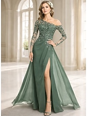 abordables Largo del piso-Funda Columna Vestidos Hasta el Suelo Vestido Invitada Boda Vestido formal Vestido de noche Vestido de Madrina Manga Larga Un Hombro Elegante Formal Gasa con Encaje Un Color