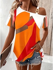 cheap Boho tee-Women's T Shirt Tee Top Print Asymmetrical Graphic Geometric Abstract Vintage Fashion Stylish Short Sleeve One Shoulder Off Shoulder Asymmetric Neck Regular Tops Daily Going out Weekend Orange Green
