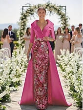 economico Lunghezza del pavimento-Linea ad A Tubino Colonna Lunghezza al pavimento Perline ricamate Abito da invitata a nozze Abito Formale Abito da cerimonia per signora Manica 3/4 Scollo a V Colletto a Camicia Elegante Vintage