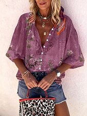 Недорогие Цветочные блузки-Жен. Рубашка С принтом Омбре Цветочный принт Графика Богемия Винтаж Повседневные Рукав 3/4 V-образный вырез Обычные топы Повседневные Праздники Одежда для пляжа