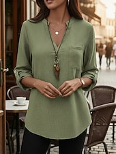 tanie Luksusowe koszule-Damskie Koszule bawełniane lniane Letnie szczyty Bluzka Eleganckie topy Z marszczeniami Niejednolita całość Kieszeń Jednokolorowe Równina Elegancja Zabytkowe damska Rękaw 3/4 Kołnierzyk koszuli