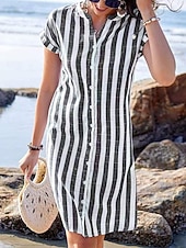 tanie Sukienki-Damskie Sukienka do kolan Sukienki z lnianego materiału Sukienka koszulowa Codzienne sukienki Elegancja Moda Nowoczesny Na zewnątrz Urlop Wyjściowe Regularny Równina Krótki rękaw W serek Niebieski