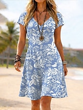 baratos Vestidos Boho-Mulheres Vestido no Joelho Vestidos Para o Verão Vestido T shirt Vestido A Line Férias Casual Boho Praia Normal Floral Gráfico Manga Curta Decote V Azul Amarelo Rosa Verde Verão Primavera