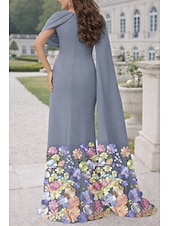 cheap Ball Gown Evening Dresses-Mermaid Trumpet Sheath Column Floor Length Ball Gown with Cape Evening Gown Elegant Floral Mother Of The Bride Short Sleeve Queen Anne Garden Party Wedding Chiffon with Embroidered Flower Embroidery