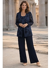 preiswerte Hosenanzüge für Mama-Dreiteilig Hosenanzug Bodenlang Brautmutterkleid Langarm U-Boot-Ausschnitt Elegant Minimalistisch Formell Hochzeitsgast Ferien Chiffon Mit Schal mit Blume