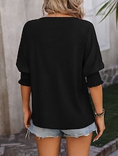 preiswerte Einfarbiges T-Shirt-Damen T Shirt Rüsche Einfarbig Vintage Stilvoll Klassisch Dreiviertelarm V Ausschnitt Normale Oberteile Täglich Schwarz Rosa Marineblau Fuchsie Grün Sommer Frühling