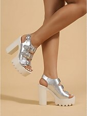 economico Donne-sandali da festival con plateau neri da donna - scarpe con tacco a blocco spesso e suola a carrarmato con cinturini con fibbia borchiata per coachella, rave &amp;concerti estivi all'aperto