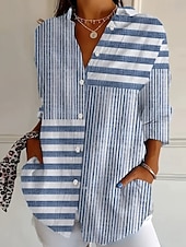 billiga Randiga och geometriska blusar-Dam Skjorta Blus Lappverk Knappar Mönster Grafisk Geometrisk Rutig Vintage Tropisk Dagligen Långärmad Tröjkrage Långa toppar Dagligen Blå Svart Rubinrött Marinblå Orange Sommar Vår