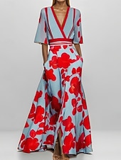 tanie Eleganckie sukienki kwiatowe-Damskie Sukienka midi Codzienne sukienki Sukienka w kwiatki Elegancja Moda Nowoczesny Na zewnątrz Urlop Wyjściowe Regularny Kwiaty Rękaw 1/2 W serek Biały Czerwony Lato Wiosna