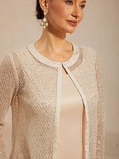 お買い得  花柄のブラウス-女性用 ジャケット スパンコール レース メッシュ エレガント 日常 レディース 長袖 クルーネック 日常 結婚式のゲスト シャンパン 夏 春 秋