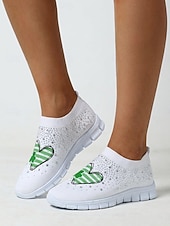  kvinnehjerte til St. Patricks dag &Flyknit-sneakers med kløvertrykk - elastiske, pustende slip-on-sko til irsk parade, høytidsfest og reiser &hverdagskomfort