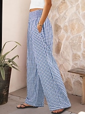 cheap Wide Leg &amp; High Waisted-Women's Wide Leg Chinos Vacation Fashion Streetwear Full Length High Waist Plaid Pocket Elastic Waistband Printing Comfy Comfort Soft Stretchy Daily Outdoor Street Blue Black Yellow Pink Spring Fall