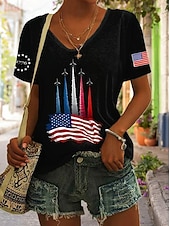  Dia da Independência Camiseta Patriótica Feminina Impressão Gráfica Bandeira Vintage Estilosa Clássica Manga Curta Decote em V Tops Regulares Dia a Dia Preto Branco Azul Marinho Vermelho  Azul Verão