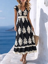 baratos Vestidos Florais-Mulheres Vestido Longo Vestido A Line Casual Ao ar livre Para Noite Normal Floral Manga Curta Decote V Preto Verão Primavera