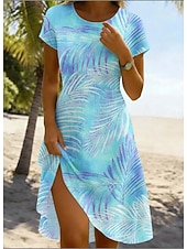 cheap Floral Dress-Women's Mini Dress Sundress T Shirt Dress Tee Dress A Line Dress Vacation Casual Outdoor Beach Going out Regular Fit Floral Graphic Leaf Short Sleeve Crewneck Deep Green Light Green Light Blue-White