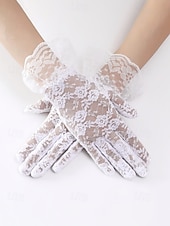 baratos Casamento ACC-Luvas femininas de poliéster com renda, design floral elegante e transparente, macias e leves, estilo clássico vintage em diversas cores, ideais para noivas, casamentos, festas noturnas, formaturas e eventos formais.