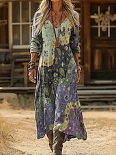 abordables Vestido Boho Étnico-Mujer Vestido largo maxi Vestido bohemio Vestido vintage Vestido informal Vintage Diario Exterior Vacaciones Ajuste regular Floral Manga Larga Escote en Pico Azul Piscina Morado Verde Trébol Gris
