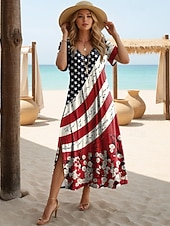 Amerikanischer Unabhängigkeitstag Damen Maxikleid Shiftkleid Sommerkleid T-Shirt-Kleid Urlaub Lässig Ferien Normale Passform Grafik Amerikanische Flagge Sternenbanner Kurzarm V Ausschnitt Rote Sommer