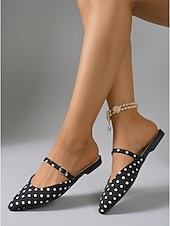 abordables Zuecos y sandalias de mujer-Mules negros de lunares con punta puntiaguda para mujer: elegantes sandalias planas con tira de hebilla ajustable para cenas de vacaciones y uso diario. &amp;estilo retro chic