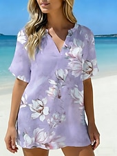 cheap Floral Blouses-Women's Shirt Casual Shirt Beach Shirt Blouse Print Floral Graphic Stylish Classic Modern Short Sleeve V Neck Regular Tops Daily Holiday Going out Pink Purple Green Summer Spring