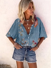 Недорогие Цветочные блузки-Жен. Рубашка С принтом Омбре Цветочный принт Графика Богемия Винтаж Повседневные Рукав 3/4 V-образный вырез Обычные топы Повседневные Праздники Одежда для пляжа