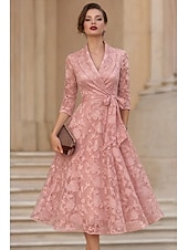 cheap Tea Length-A-Line Tea Length Blazer Dress Formal Dresses Mother of the Bride Dress Long Sleeve Shirt Collar Elegant Vintage Formal Wedding Guest Kentucky Derby Chiffon Satin Jacquard with Bow(s) Pleats Flower