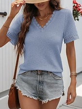 voordelige Effen Blouses-Dames T-shirt Kant Lapwerk Effen Modieus Stijlvol Klassiek Korte mouw V-hals Normale tops Dagelijks Uitgaan Weekend blauw Zwart Wit Leger Groen Groen Zomer Lente