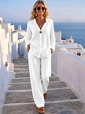  Dámské Sady kalhot Bolero Top Imitace bavlny a lnu Dlouhý rukáv Do V Pevná barva Módní Šik ven Ležérní Denní Venkovní Vodní modrá Černá Bílá Léto Volný