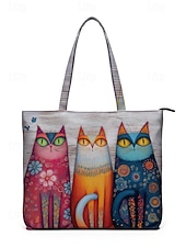cheap Vacation &amp; Travel Bags-Women's Polyester Tote Bag, Large Capacity with Zipper, Multiple Cat Designs, Perfect for Vacations, Shopping, and Everyday Casual Use