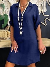 tanie Biała sukienka-Damskie Sukienka do kolan Sukienka koszulowa Codzienne sukienki Sukienka bawełniana Moda Nowoczesny Na zewnątrz Urlop Wyjściowe Regularny Równina Krótki rękaw W serek Niebieski Czarny Biały Czerwony