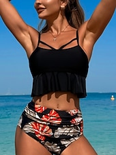 levne Sady bikin-Dámské Plavky Bikiny 2 ks Vysoký pas Plavky Vysoký pas Štíhlý Volná záda prázdniny Oblečení na pláž Tropický vzhled Do V Bez rukávů Plavky