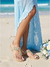 preiswerte Braut-Flache Sandalen mit goldenen Strasssteinen für Damen – elegante T-Riemen-Sandalen im Bohème-Stil für den Sommer, den Strandurlaub und Freizeitausflüge