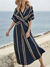 abordables Vestidos a Rayas y Geométricos-Mujer Vestido Midi Vestido de una línea Vacaciones Casual Exterior Noche Ajuste regular Raya Manga Corta Escote en Pico Azul marinero Amarillo Azul cielo Beige Verano Primavera