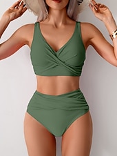 economico Bikini-Per donna Costumi da bagno Bikini Due pezzi Costume da bagno Arricciato Senza schiena Vacanza Abbigliamento da Spiaggia Semplice Scollo a V Senza Maniche Costumi da bagno