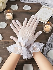 baratos Casamento ACC-Luvas femininas de poliéster com renda e efeito rede, pretas e brancas, respiráveis e elásticas, perfeitas para noivas, elegantes luvas vintage transparentes para casamentos, bailes de formatura, eventos noturnos e ocasiões formais.