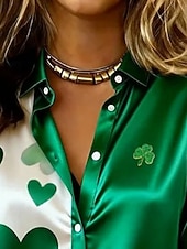 economico Arte &amp; Design Bluse-Per donna Camicia Camicia in raso Stampato Trifoglio Bohemien Vintage Classico Manica Lunga Colletto a Camicia Top Regolari Quotidiano Ferie Uscire Verde Estate Primavera Autunno