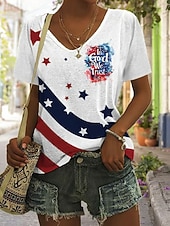  Dia da Independência Camiseta Patriótica Feminina Impressão Gráfica Bandeira Vintage Estilosa Clássica Manga Curta Decote em V Tops Regulares Dia a Dia Preto Branco Azul Marinho Vermelho  Azul Verão