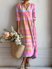 cheap Stripe&amp;Geometric Dress-Women's Midi Dress Sundress A Line Dress Vacation Casual Boho Holiday Regular Fit Ombre Graphic Geometric Long Sleeve V Neck Yellow Pink Orange Summer Spring