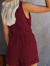 baratos macacões casuais-Mulheres Macacão Ativo Côr Sólida Sem Manga Shorts largos Decote V Com Cordão Bolsos Diário Férias Normal Preto Branco Vinho Verão