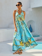 abordables vestido casual estampado-Vestido largo de tirantes de satén sedoso con joyas vintage